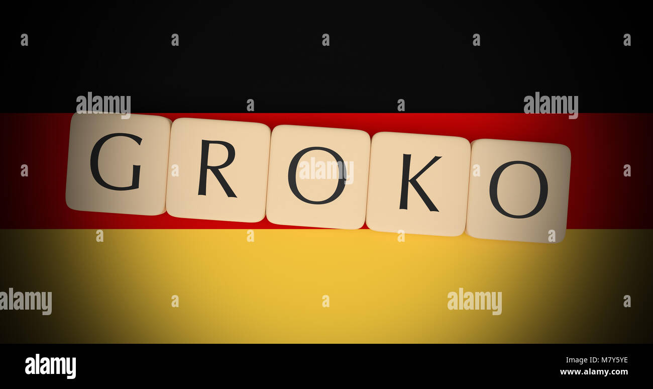 Germany Politics Concept: Letter Tiles Groko, German Word For Grand Coalition, On German Flag, 3d illustration Stock Photo