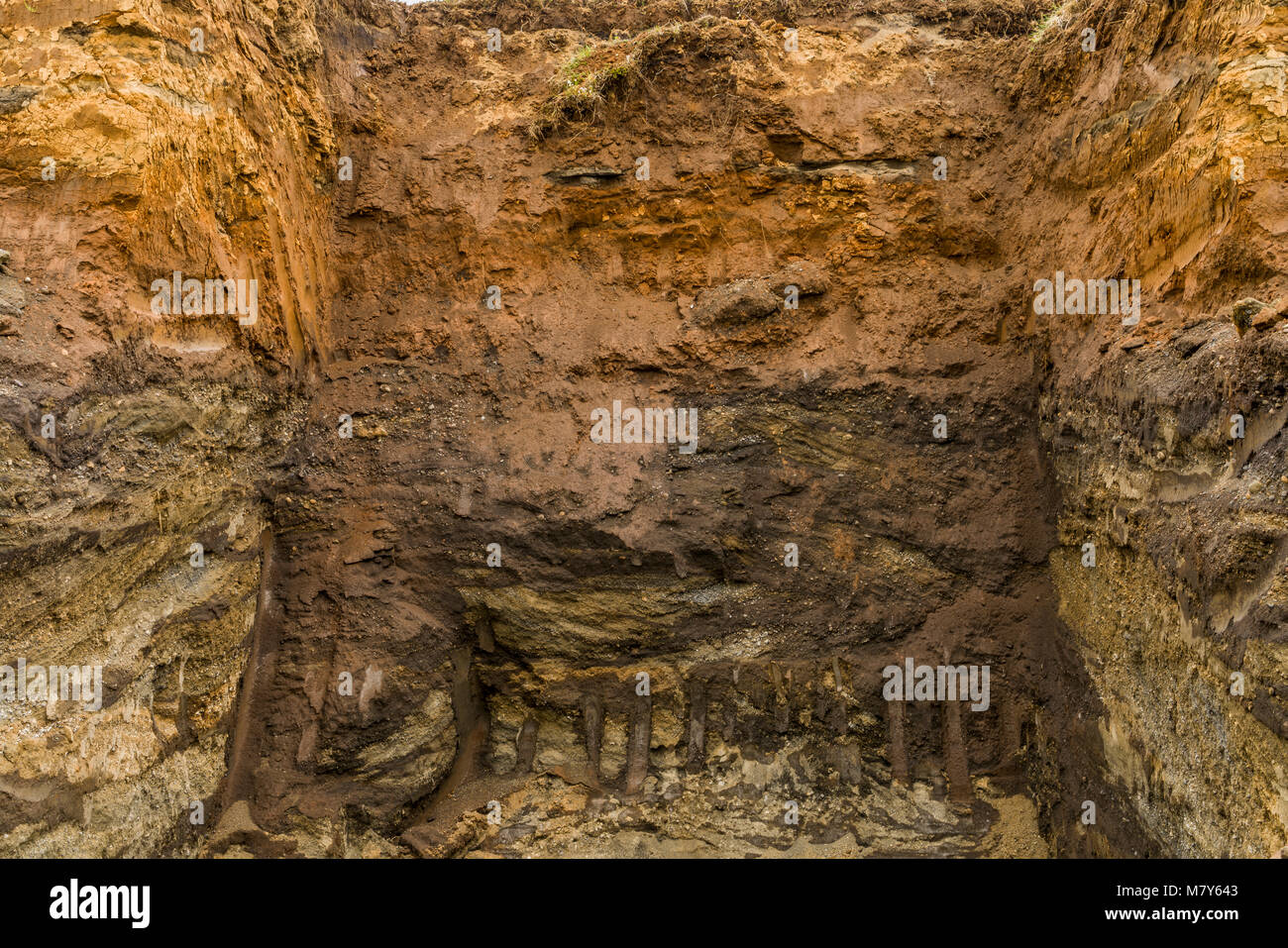 Multiple layers of earth showing deposits of ash from eruptions and volcanic activity, South Coast, Iceland Stock Photo