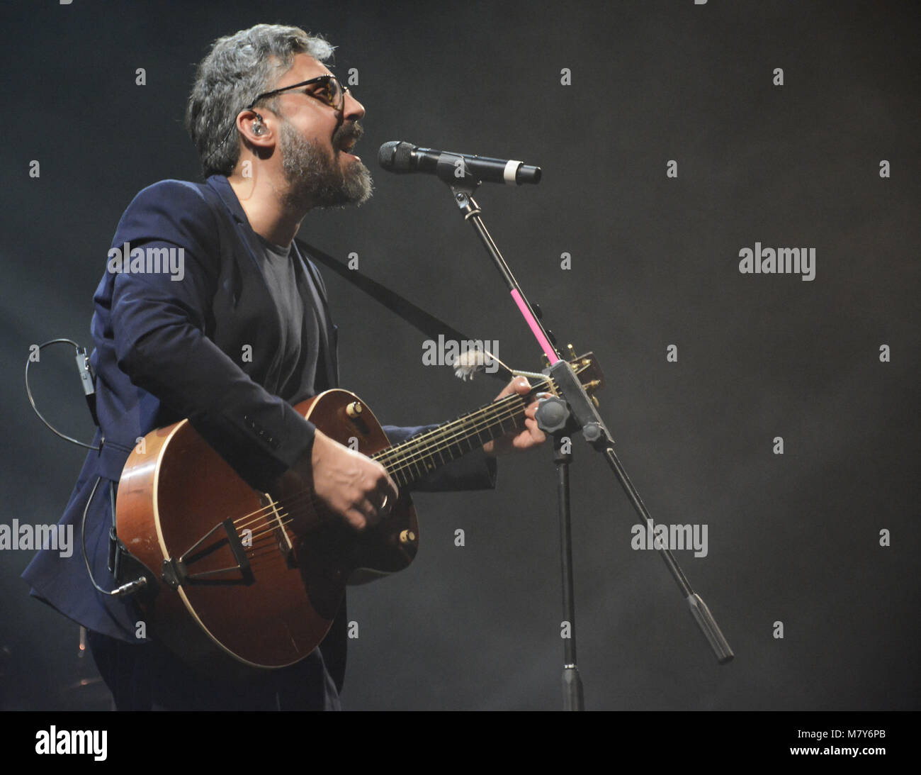 Naples, Italy. 26th Feb, 2018. The Italian singer and song-writer Dario Brunori also known as Brunori sas performs on stage at Teatro Augusteo in Napl. Stock Photo
