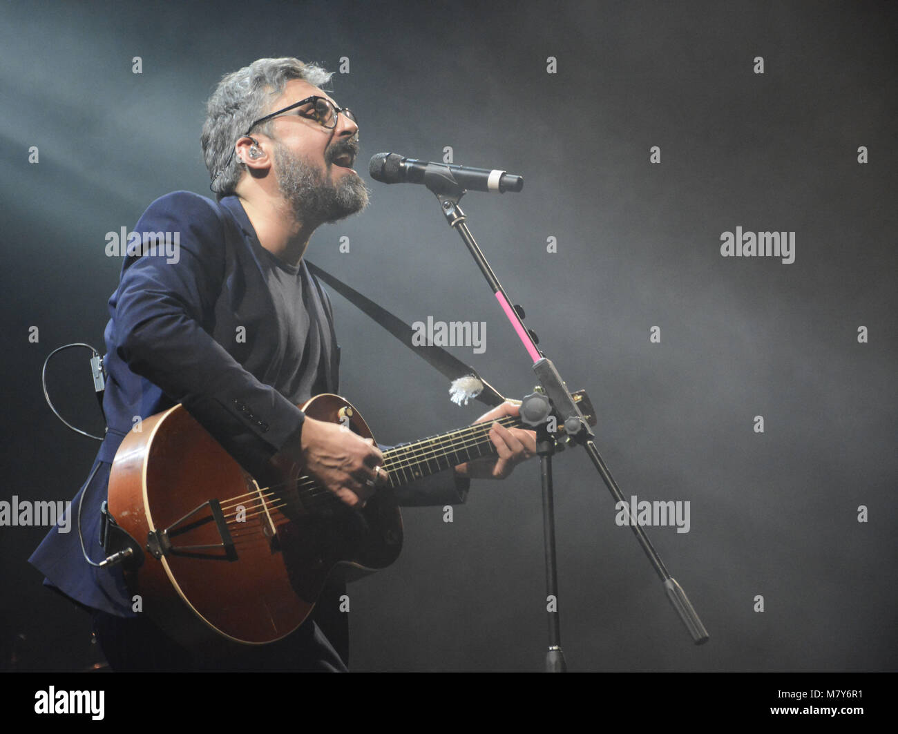 Naples, Italy. 26th Feb, 2018. The Italian singer and song-writer Dario Brunori also known as Brunori sas performs on stage at Teatro Augusteo in Napl. Stock Photo