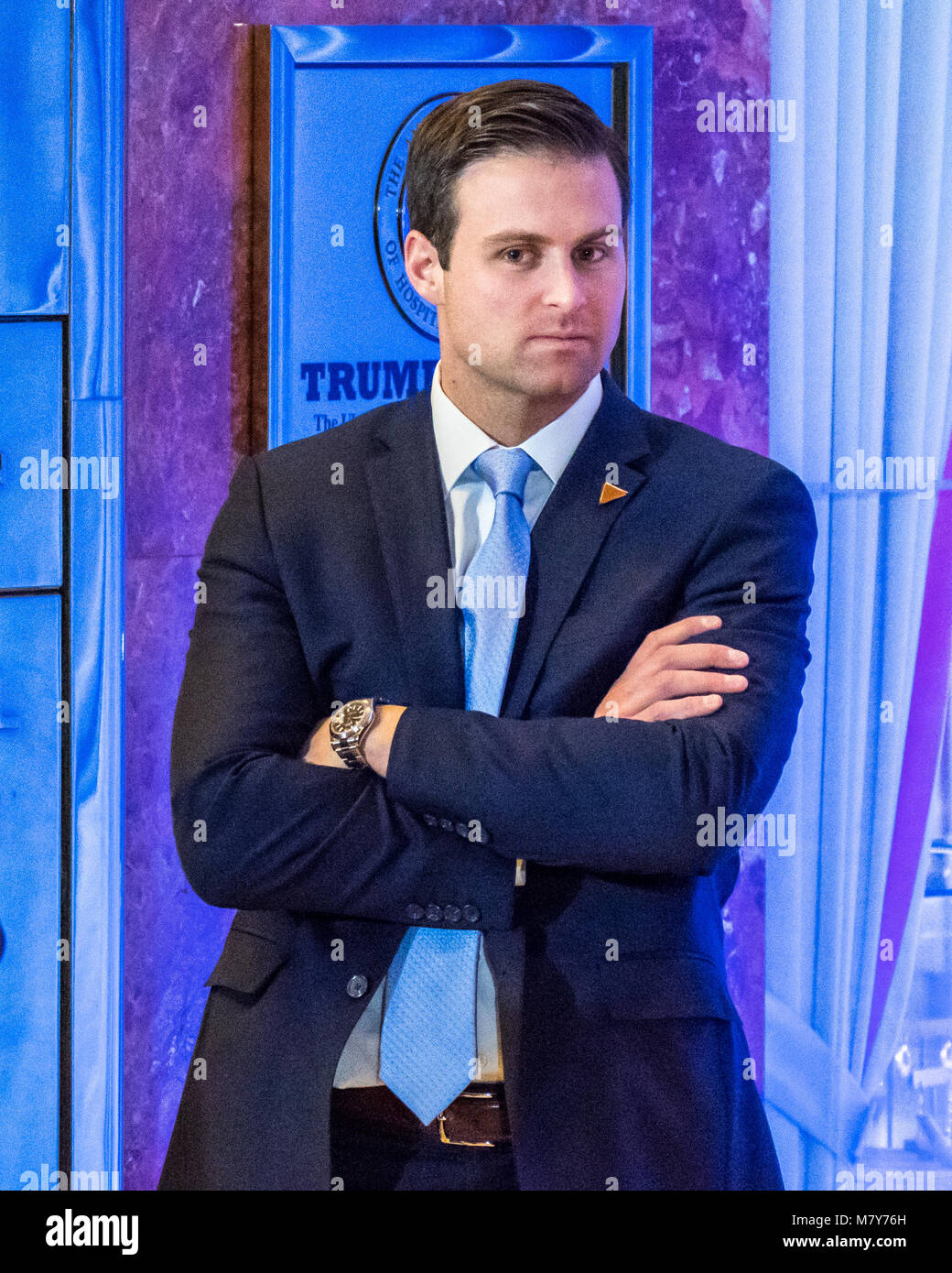 New York, USA, 13 Mar 2018. US president Donald Trump's personal assistant John McEntee is seen in this file photo taken at New York's Trump tower on January 11, 2017.  McEntee was forced out of his position and escorted from the White House on Monday after his security clearance was revoked.  Photo by Enrique Shore Stock Photo