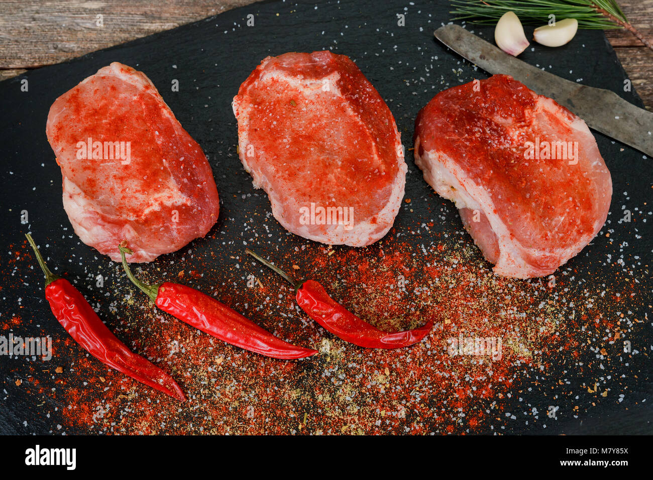 Preparing a steak for grilling with an overhead view of a lean steak