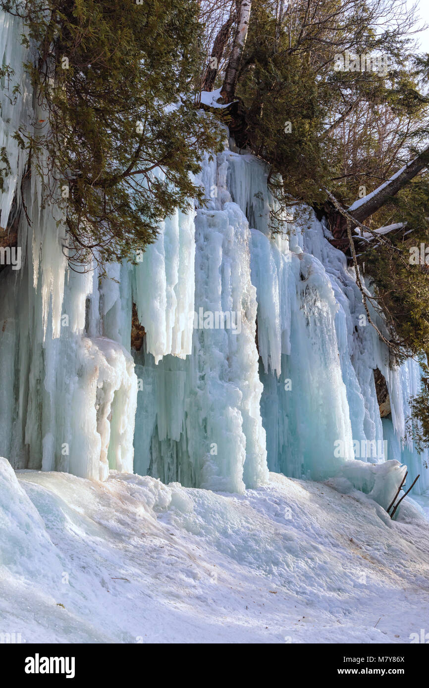 Ice caves and ice curtains form along the Pictured Rocks escarpment on