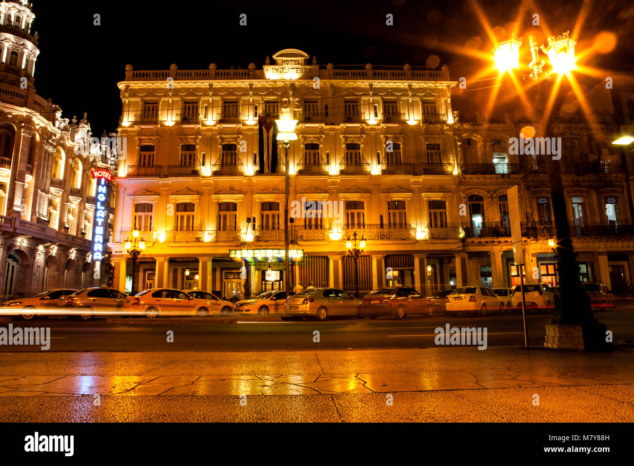 Havana, Cuba - December 13, 2016:  Night view of the Gran Teatro de La Habana (Great Theatre of Havana) and the famous hotel Inglaterra near the Centr Stock Photo