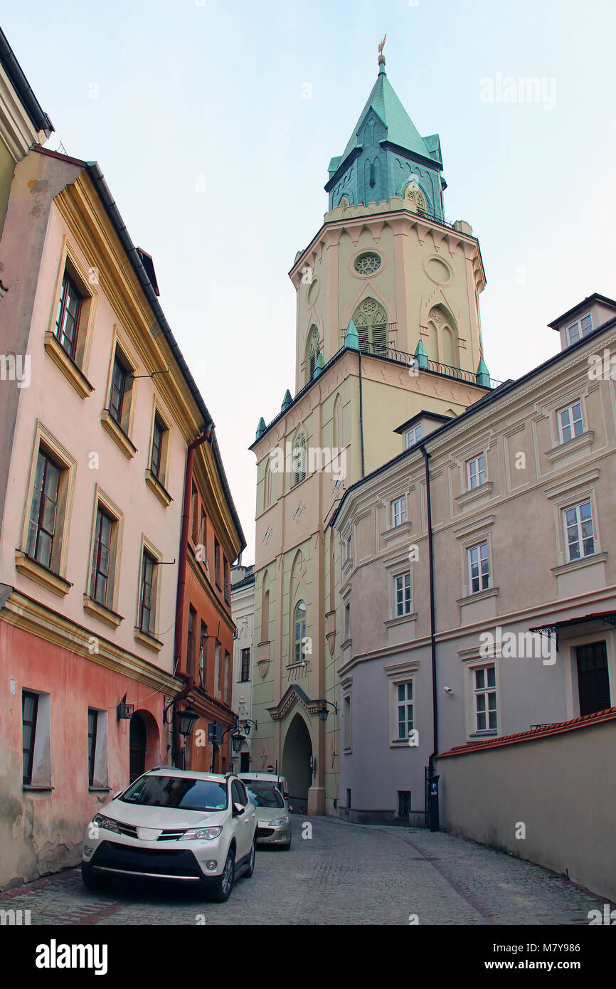 Trinity tower (Wieza Trynitarska) and Jezuicka street in Lublin old town, Poland Stock Photo