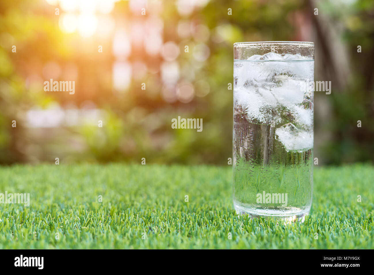 Close up glass of cold water with ice on green grass with blur nature ...
