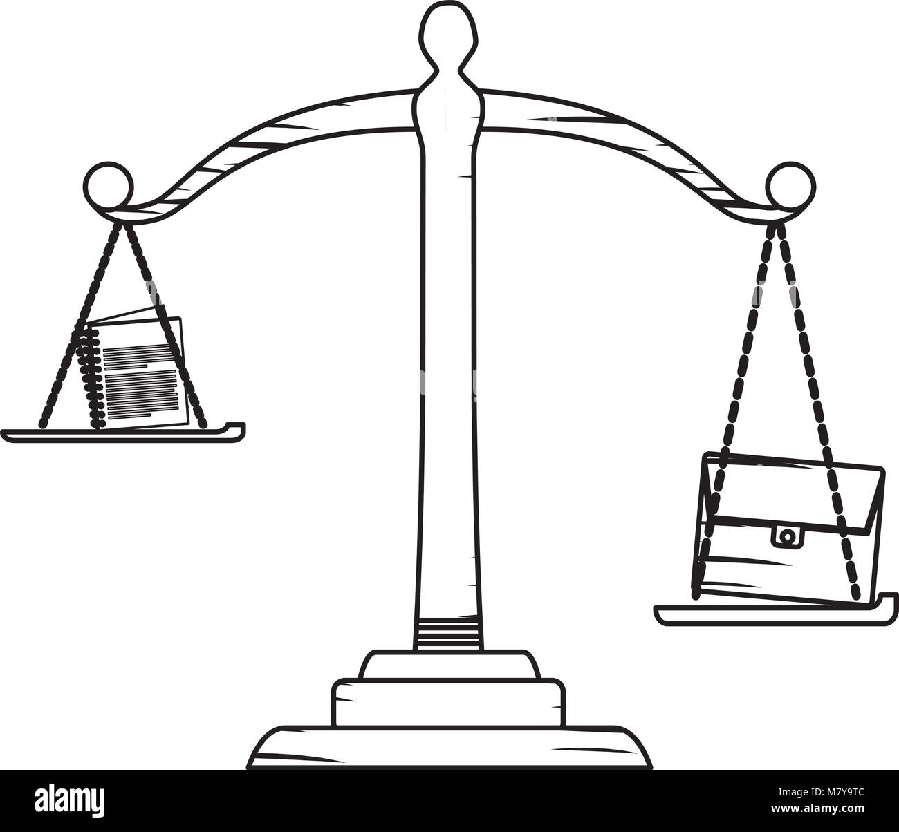 sketch of law scale with briefcase and documents over white background