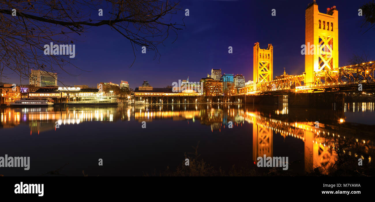 A Panorama of the Tower Bridge in Sacramento at night Stock Photo - Alamy