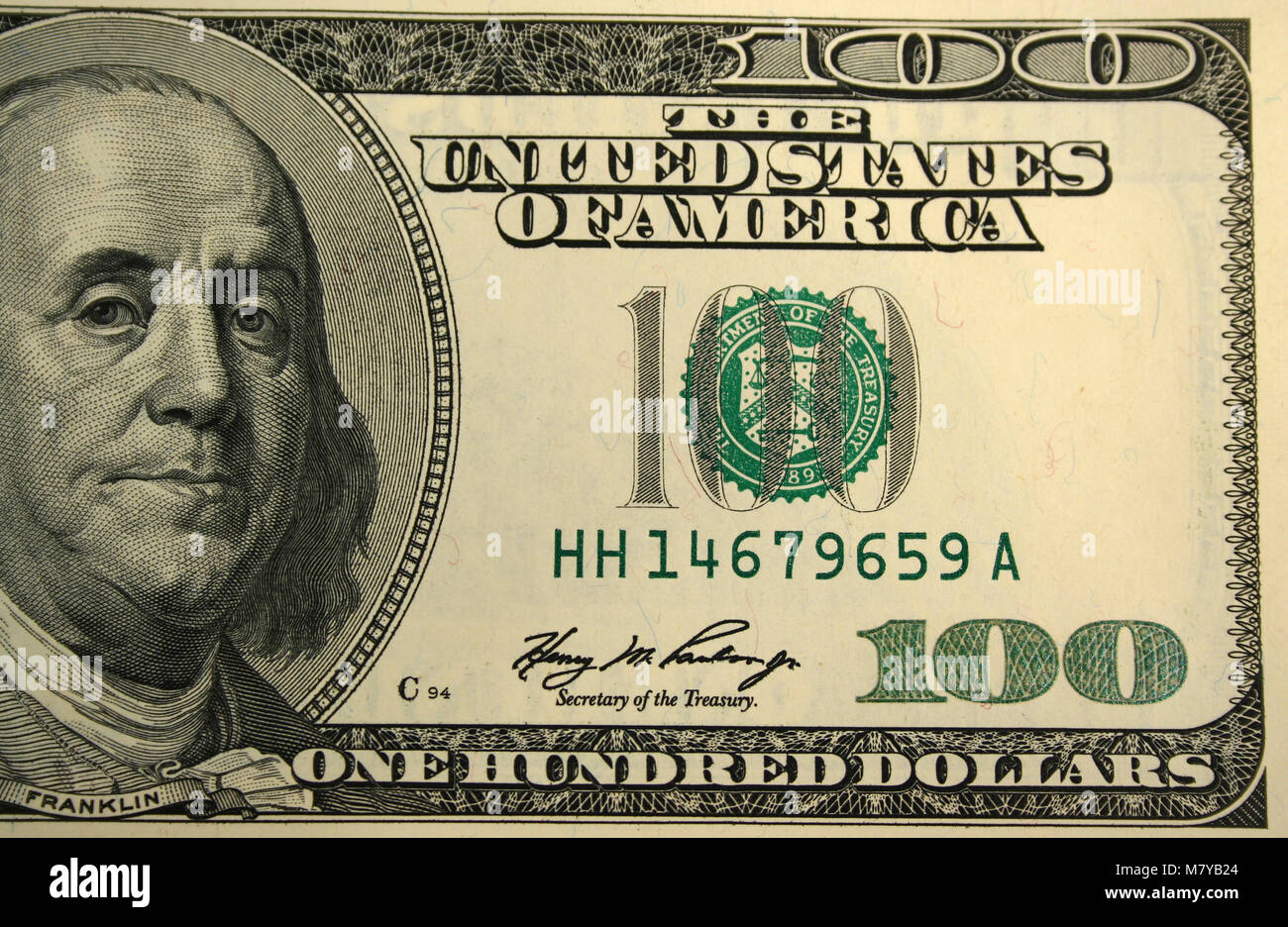 Front of a one hundred dollar bill background Stock Photo