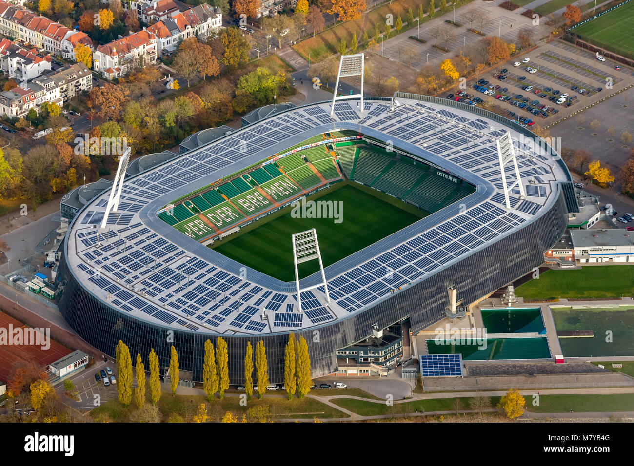 Aerial view, stadium of Bundesliga club SV Werder Bremen, Weser Stadium, WUSEUM, photovoltaics, Bremen, Germany, Europe, birds-eyes view, aerial view Stock Photo - Alamy