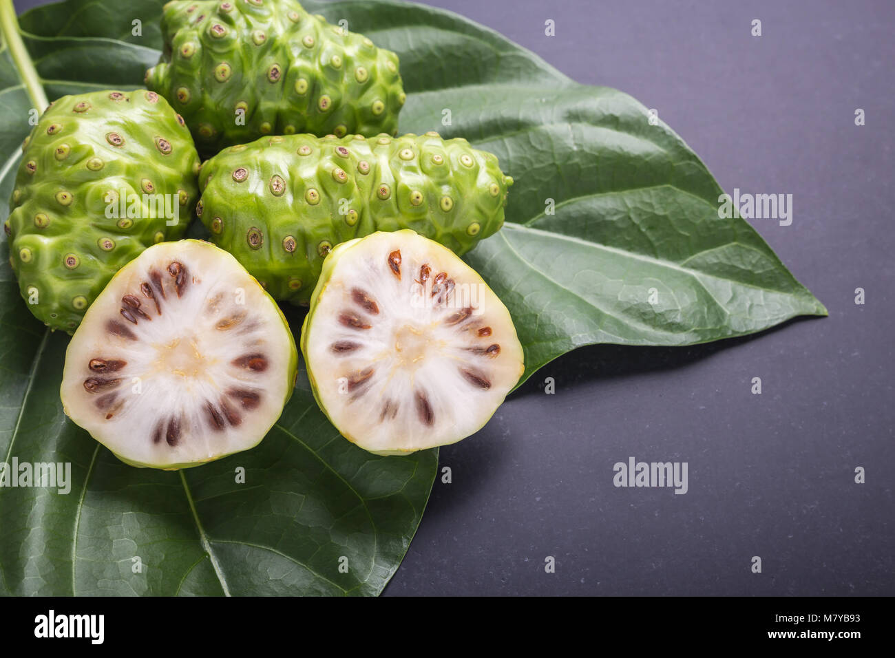 Fruit of Great morinda (Noni) or Morinda citrifolia tree and green leaf on black stone board background Stock Photo