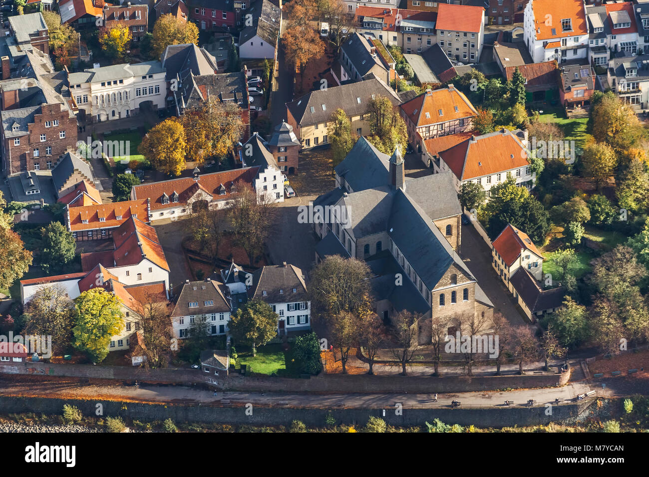 Aerial view, Kaiserswerth, Suitbertus-Basilika, Dusseldorf, Niederrhein, districts Dusseldorf, North Rhine-Westphalia, Germany, Europe, Meerbusch, bir Stock Photo