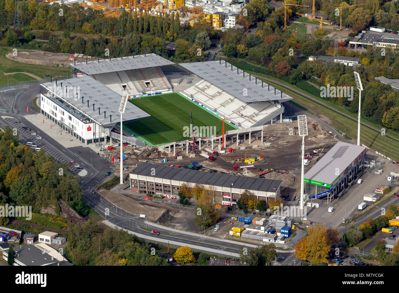 Aerial view, new building Rot-Weiss-Essen Stadium on the Hafenstrasse, Essen, Ruhr area, North Rhine-Westphalia, Germany, Europe, birds-eyes view, aer Stock Photo