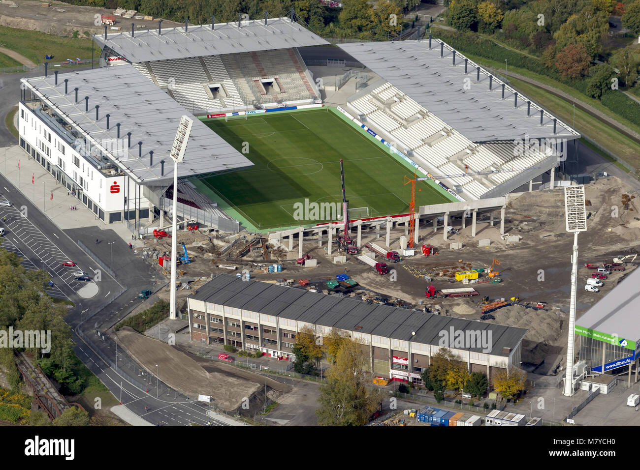 Aerial view, new building Rot-Weiss-Essen Stadium on the Hafenstrasse, Essen, Ruhr area, North Rhine-Westphalia, Germany, Europe, birds-eyes view, aer Stock Photo