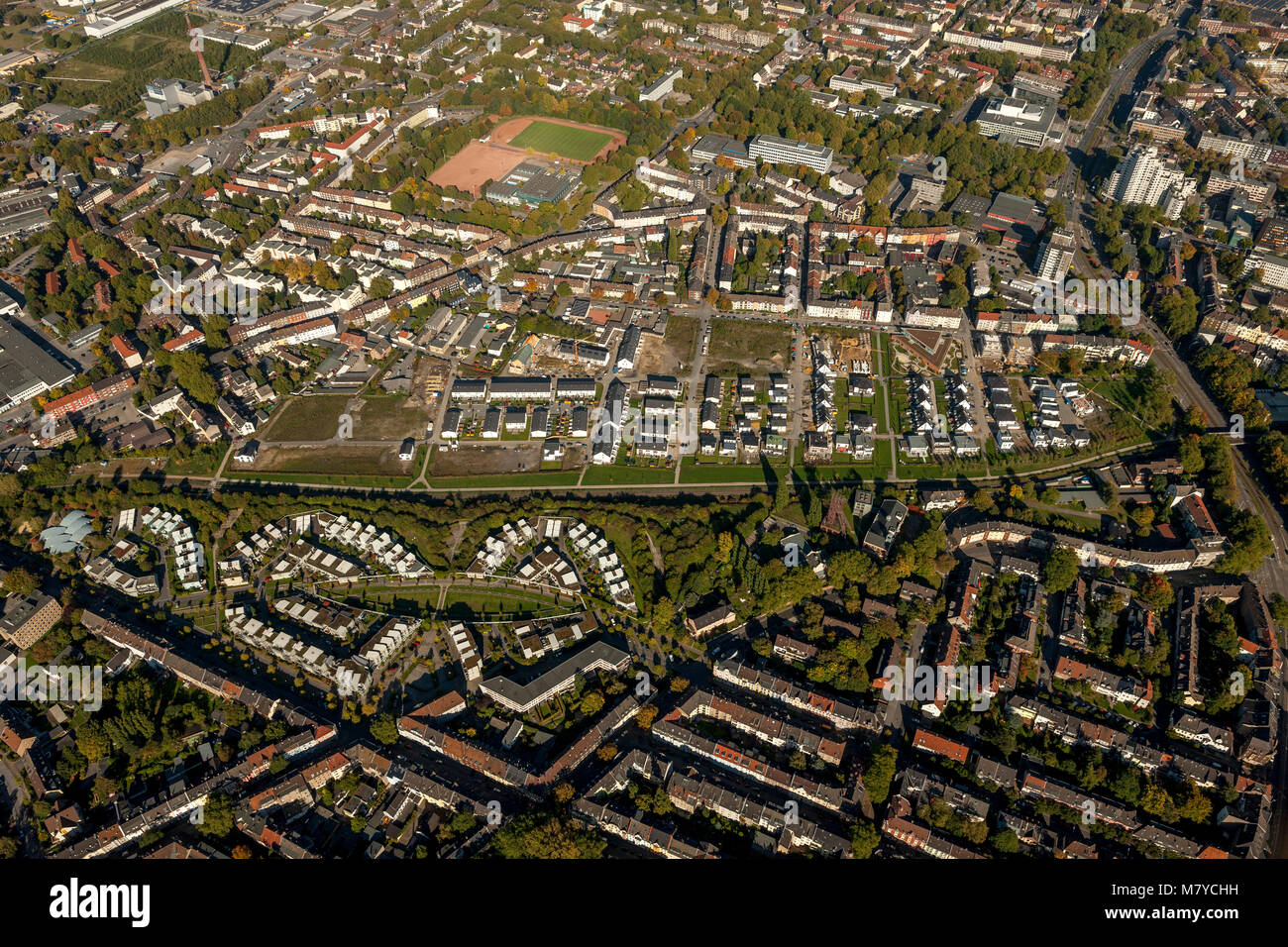 Aerial view, Gelsenkirchen development area, Am Stadtgarten, Gelsenkirchen, Ruhr area, North Rhine-Westphalia, Germany, Europe, birds-eyes view, aeria Stock Photo