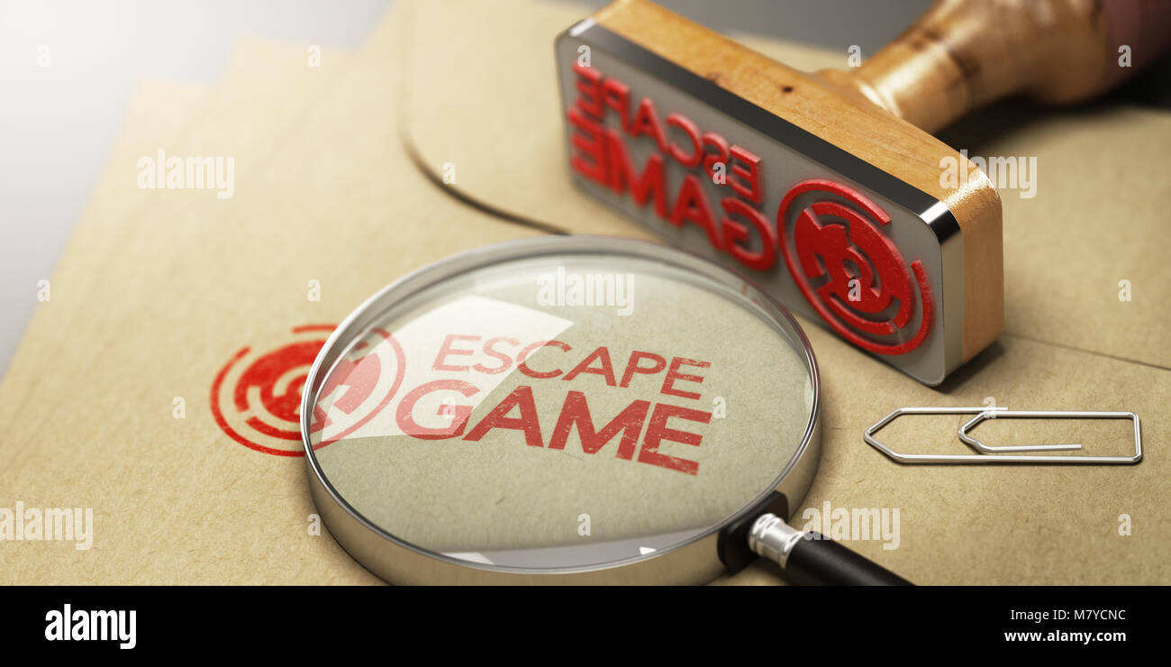 Kraft envelop with enigma inside and the word escape game stamped on it. Stock Photo