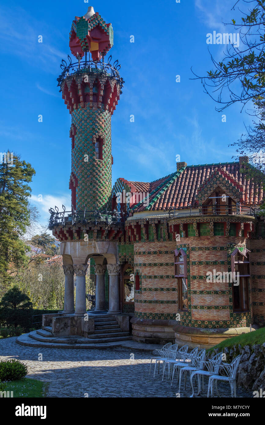 Anton Gaudi’s El Capricho, a modernista landmark in the coastal town of Comillas in the Cantabria region of northern Spain. Stock Photo