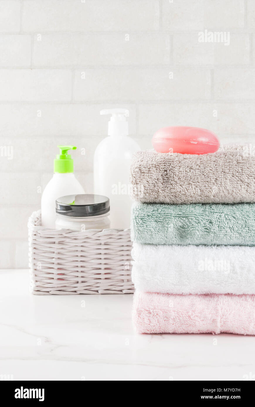 Spa relax and bath concept, sea salt, soap, with cosmetics and towels