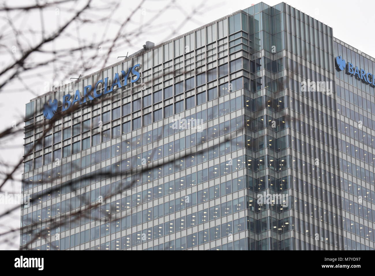 Exterior Barclays Bank HQ, plus office blocks, Canary Wharf, London Stock Photo