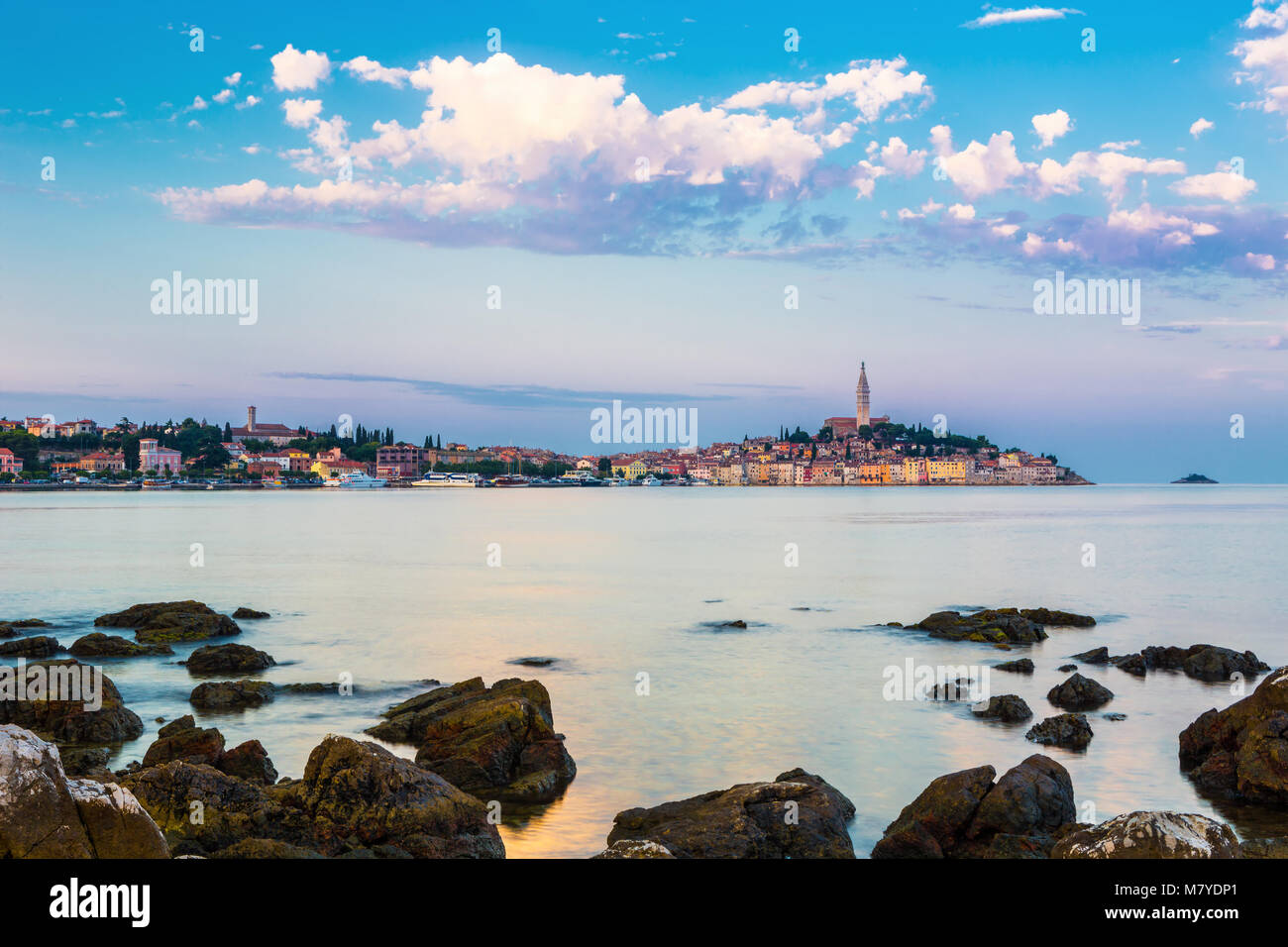 Sail boat enters the harbor of old town of Rovinj, Croatia Stock Photo Alamy