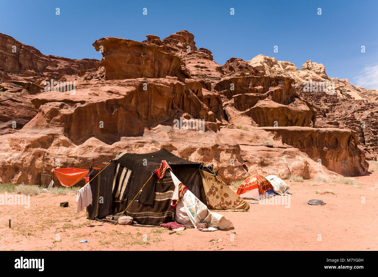 Bedouin tent of a woman living on here own in the Wadi Rum desert in Jordan. Stock Photo