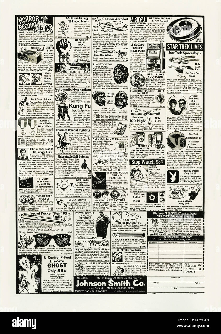 1975 advert for Johnson Smith Company novelty items. It appeared in an American children's comic. The mail-order company was based in Mount Clemens, Michigan, USA. On sale in a 'small ad' style layout are such items as 'X-ray' vision glasses, a 7-foot tall 'ghost', 'Planet of the Apes' rubber face masks, Star Trek merchandising and martial arts guides. Most items retail at much less than $5 and some for less than $1. Stock Photo