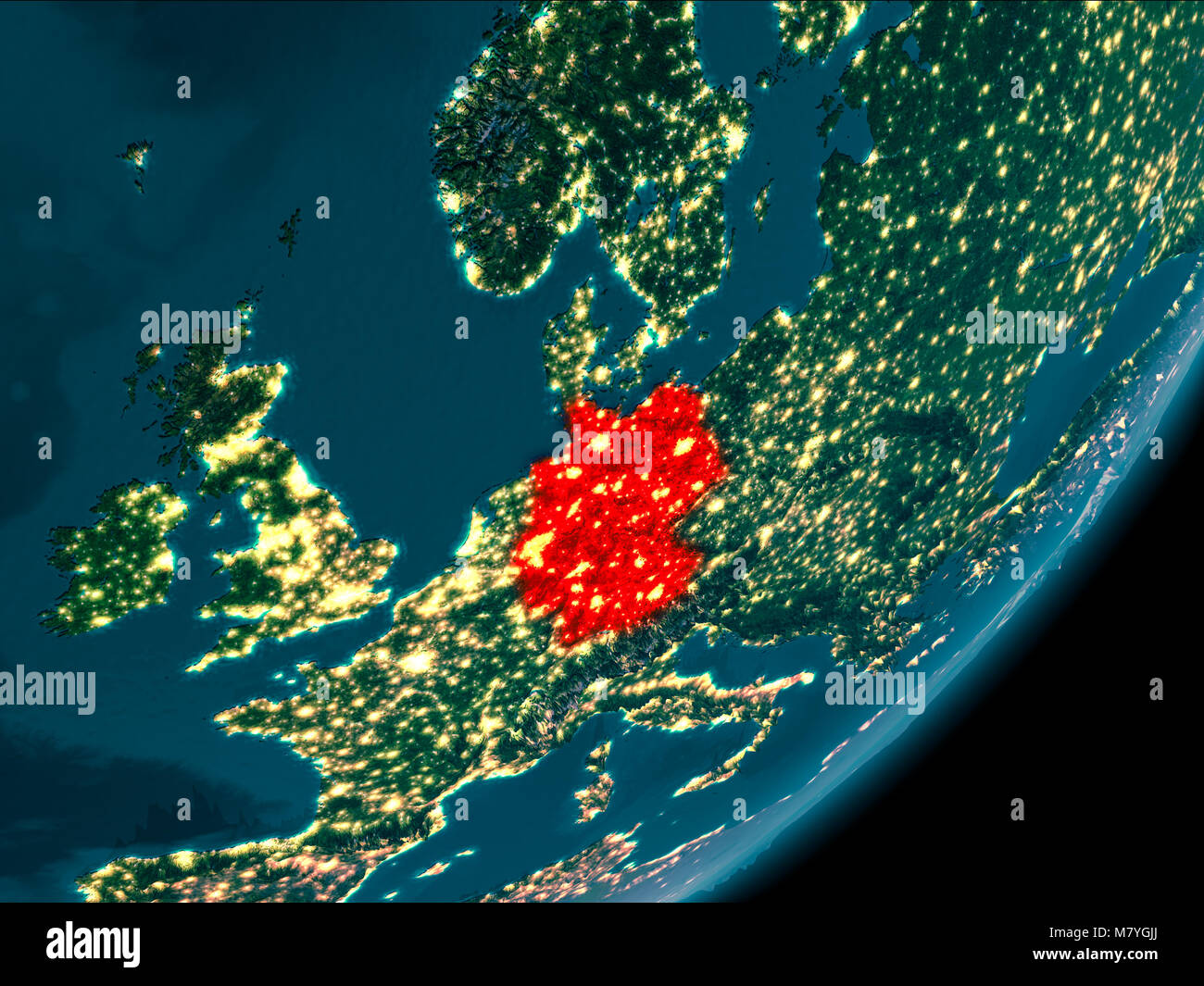 Night view of Germany highlighted in red on planet Earth with atmosphere. 3D illustration. Elements of this image furnished by NASA. Stock Photo
