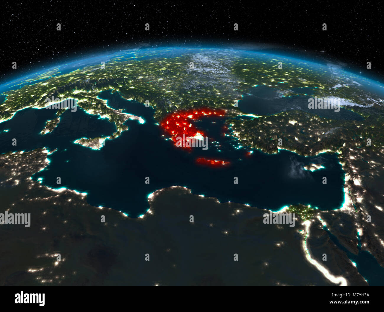 Satellite Night View Of Greece Highlighted In Red On Planet Earth