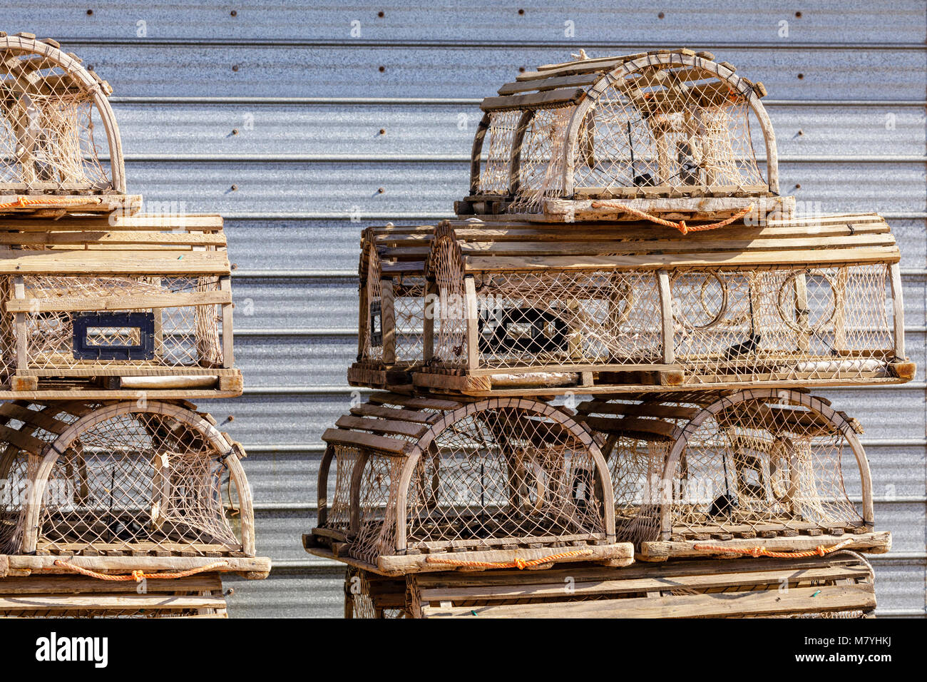 Lobster Traps on a dock in Newfoundland. Stock Photo