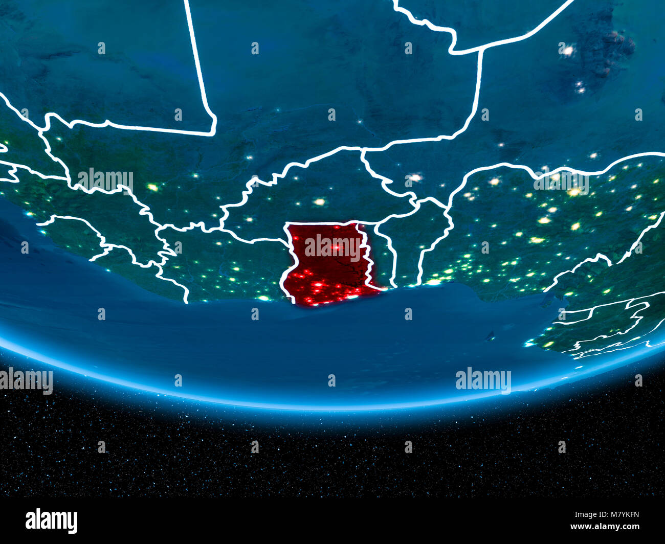 Ghana in red with visible country borders and city lights from space at