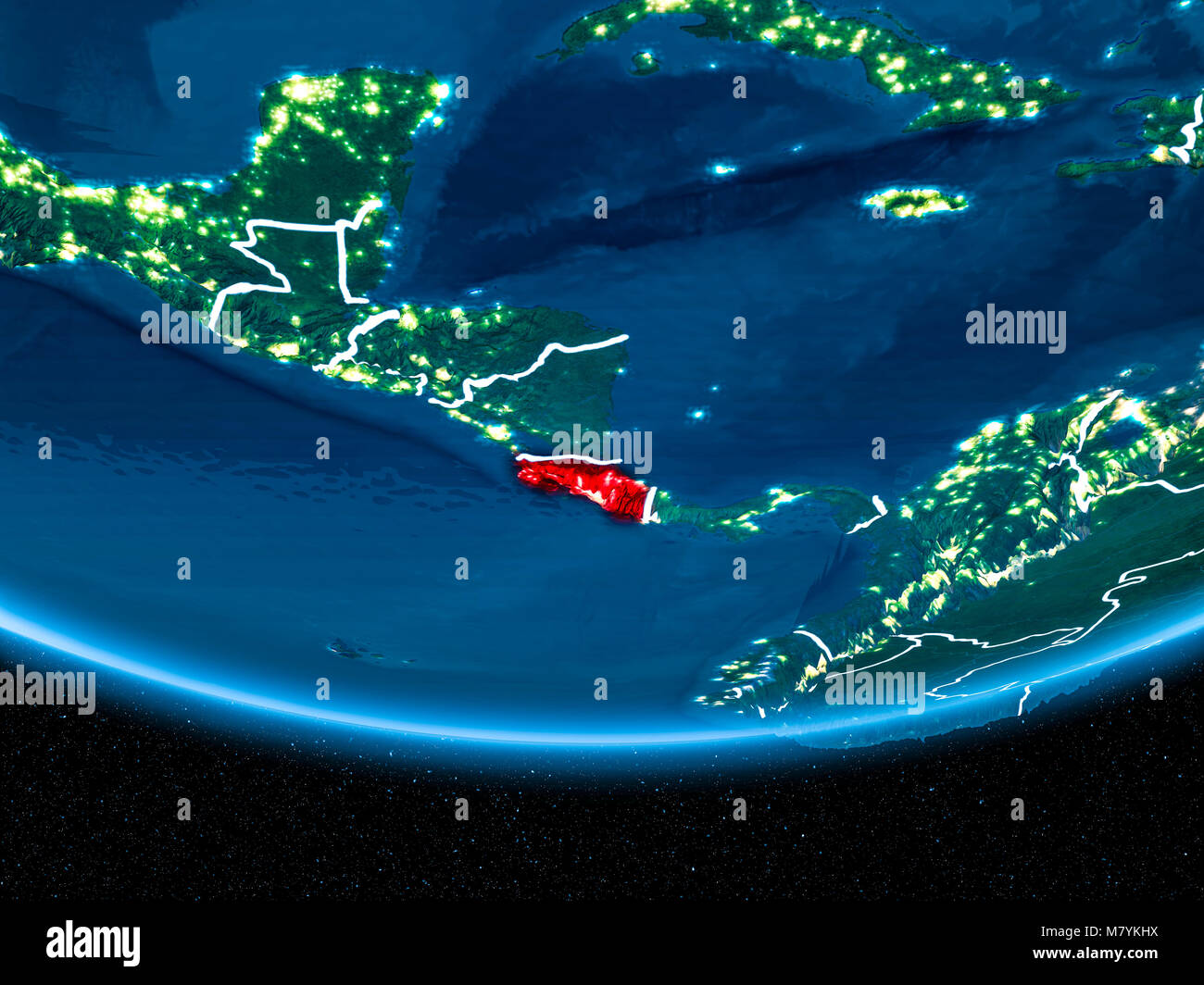 Costa Rica in red with visible country borders and city lights from ...