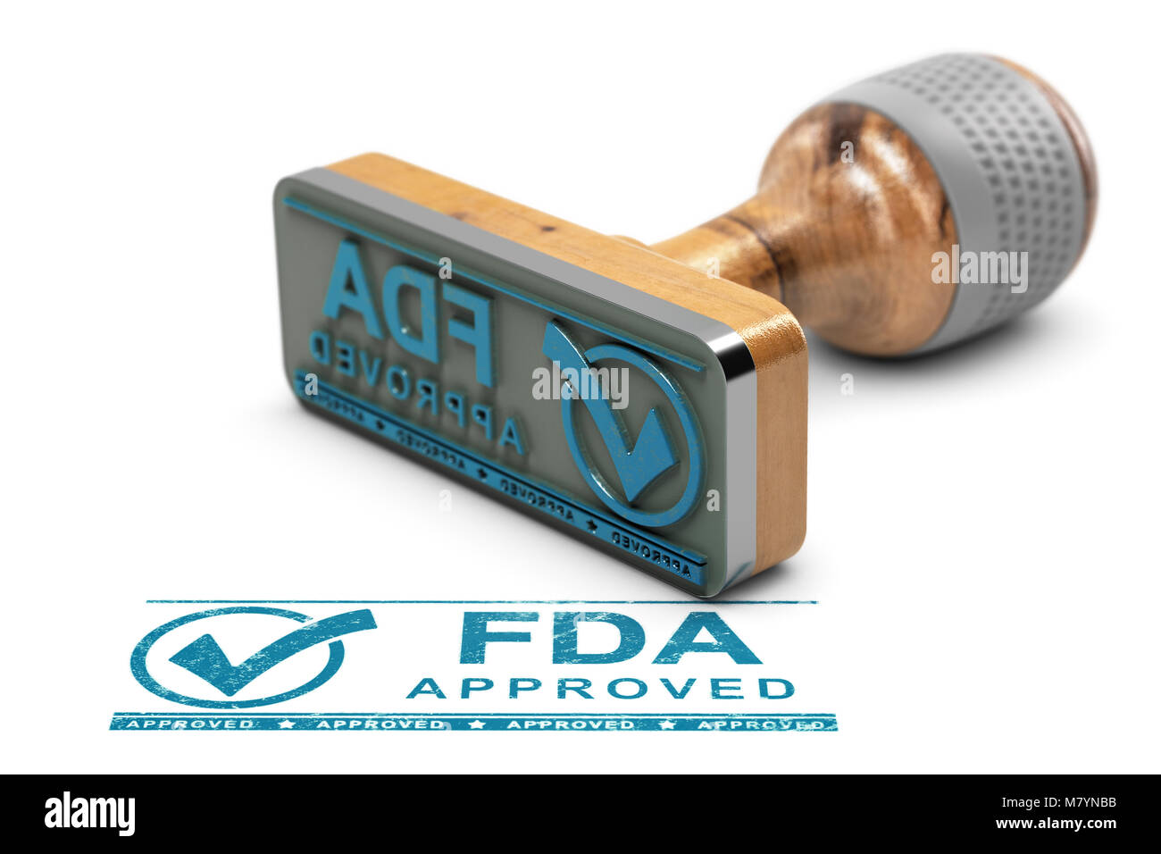 Drugs or products approval concept. Rubber stamp with the text FDA approved over white background. 3D illustration Stock Photo