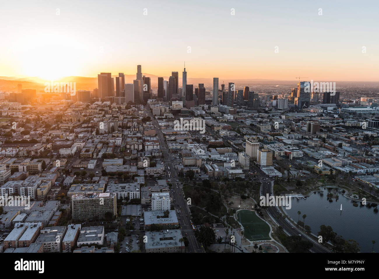 Los Angeles, California, USA - February 20, 2018:  Aerial morning view east on 6th street in the Westlake neighborhood towards downtown LA. Stock Photo