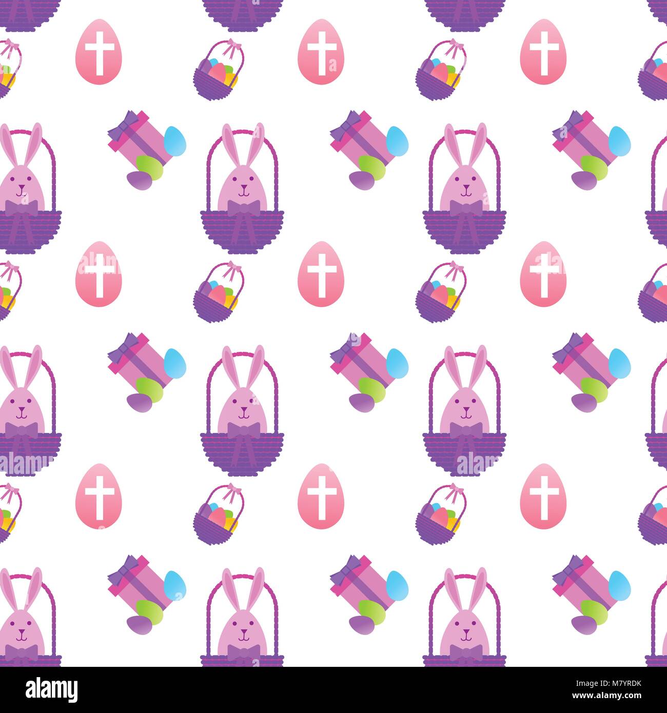 Easter Seamless Pattern With Painted Eggs And Rabbits On White ...