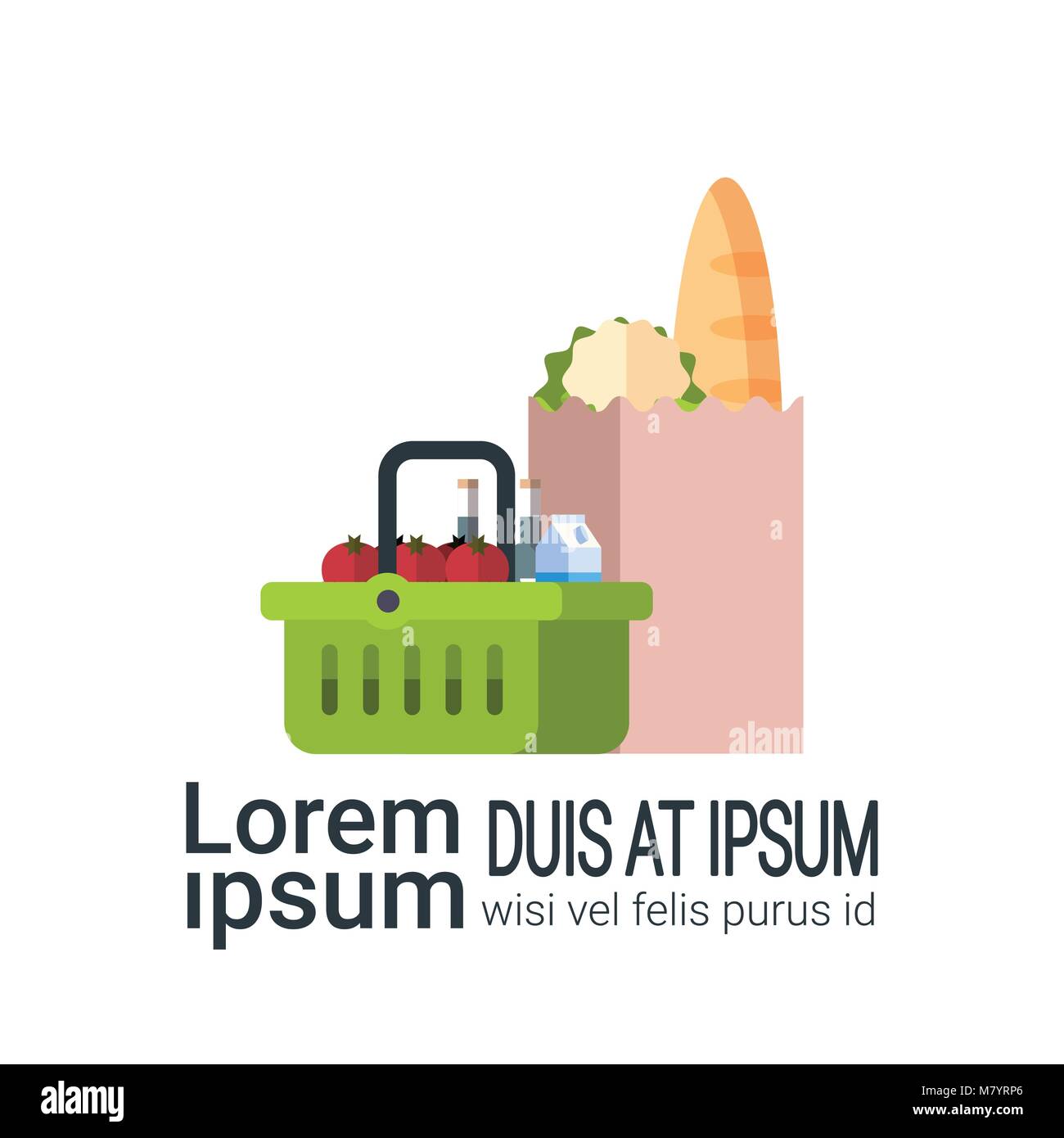 Grocery Products Package Paper Bag And Shopping Basket Isolated On