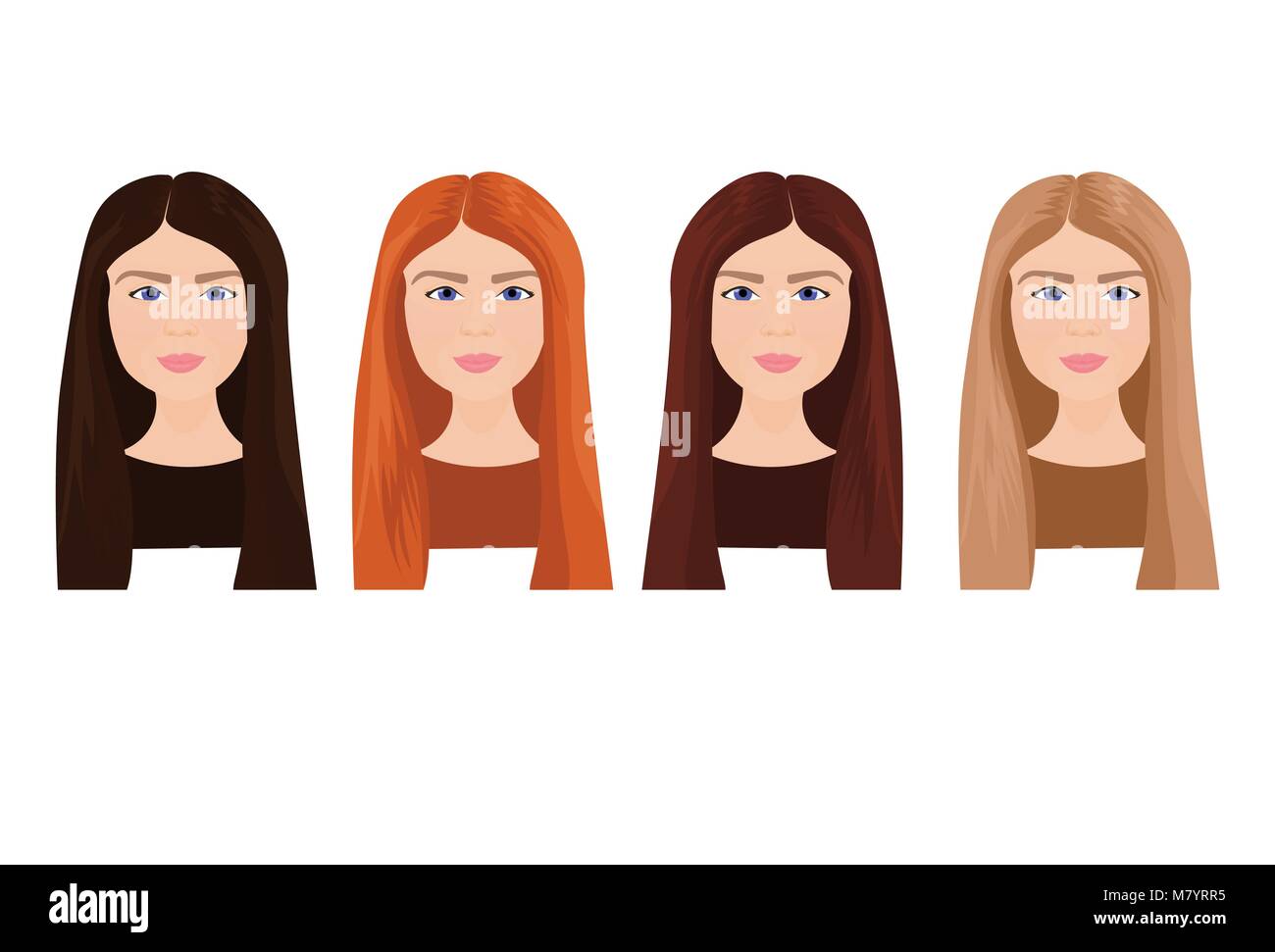Set Of Beautiful Young Woman Faces With Long Hair In Different Colors Isolated On White Background Stock Vector