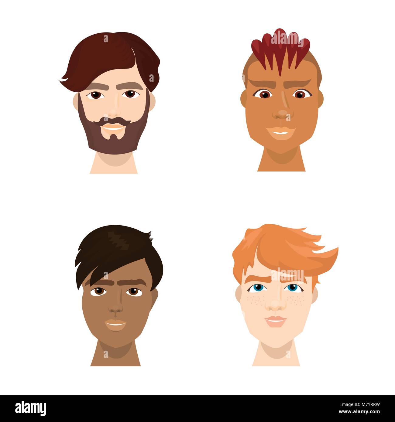 Mix Race Hipster Male Faces Set With Trendy Beards And Haircuts Isolated Icon Collection Stock Vector