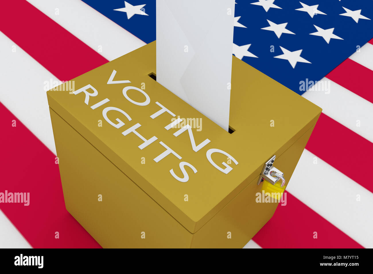 3D illustration of VOTING RIGHTS script on a ballot box, with US flag ...