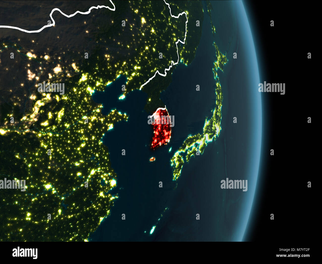 Map of South Korea in red as seen from space on planet Earth at night ...