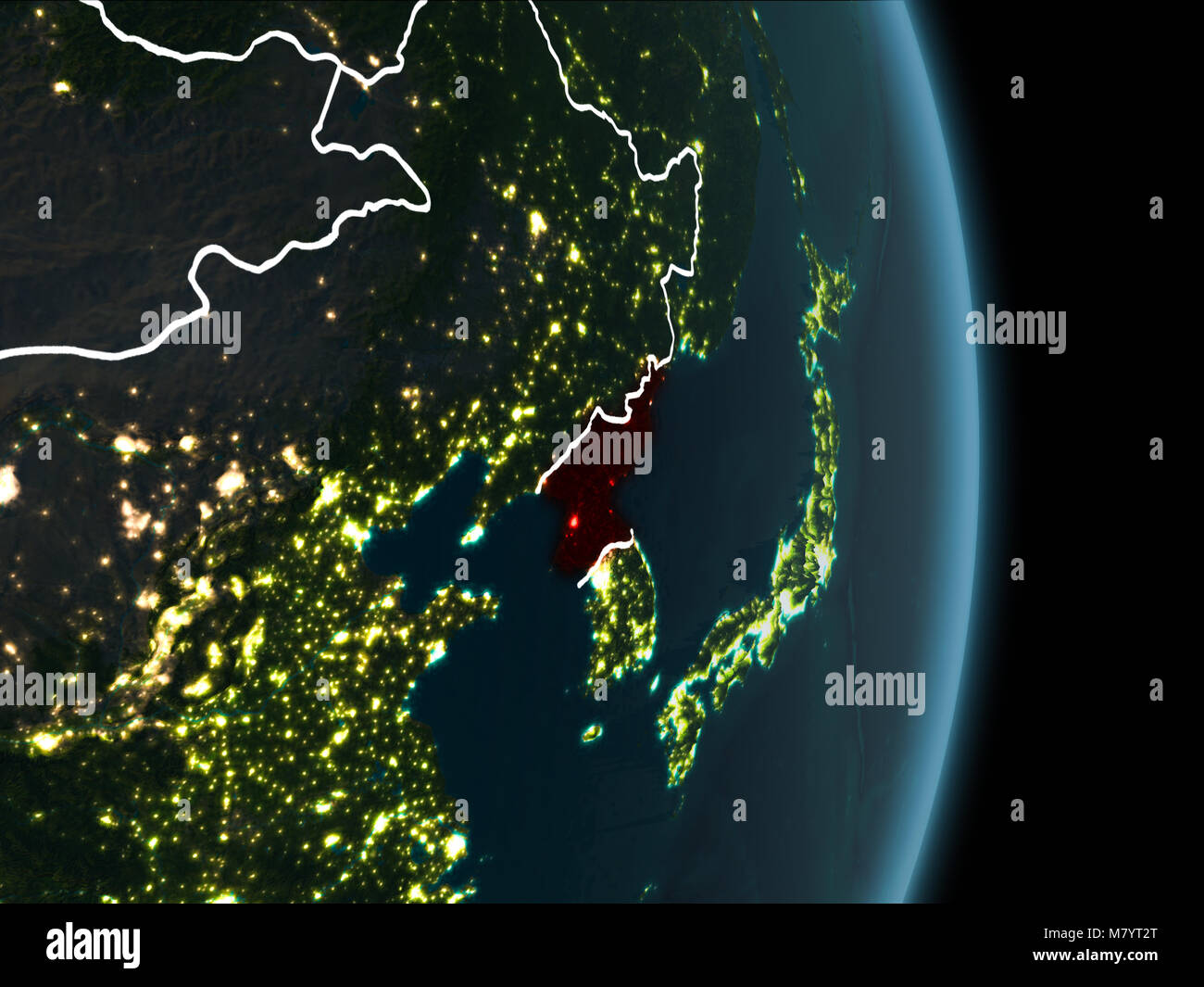 Map of North Korea in red as seen from space on planet Earth at night ...