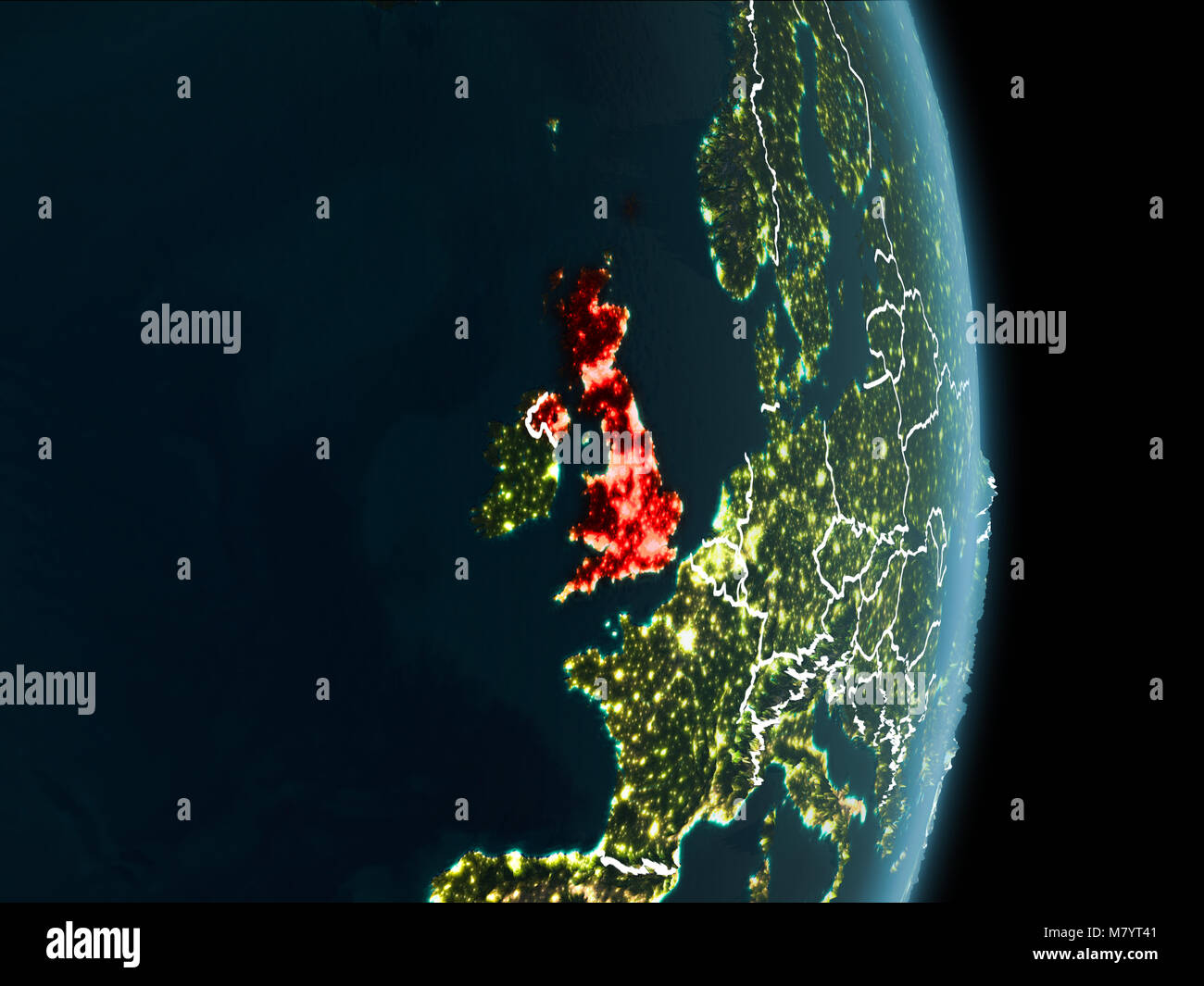 Map of United Kingdom in red as seen from space on planet Earth at ...