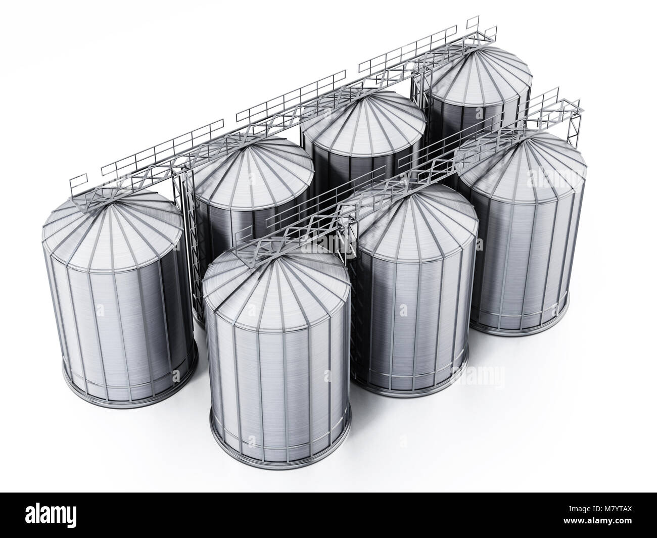 Corrugated steel grain silos isolated on white background. 3D illustration. Stock Photo