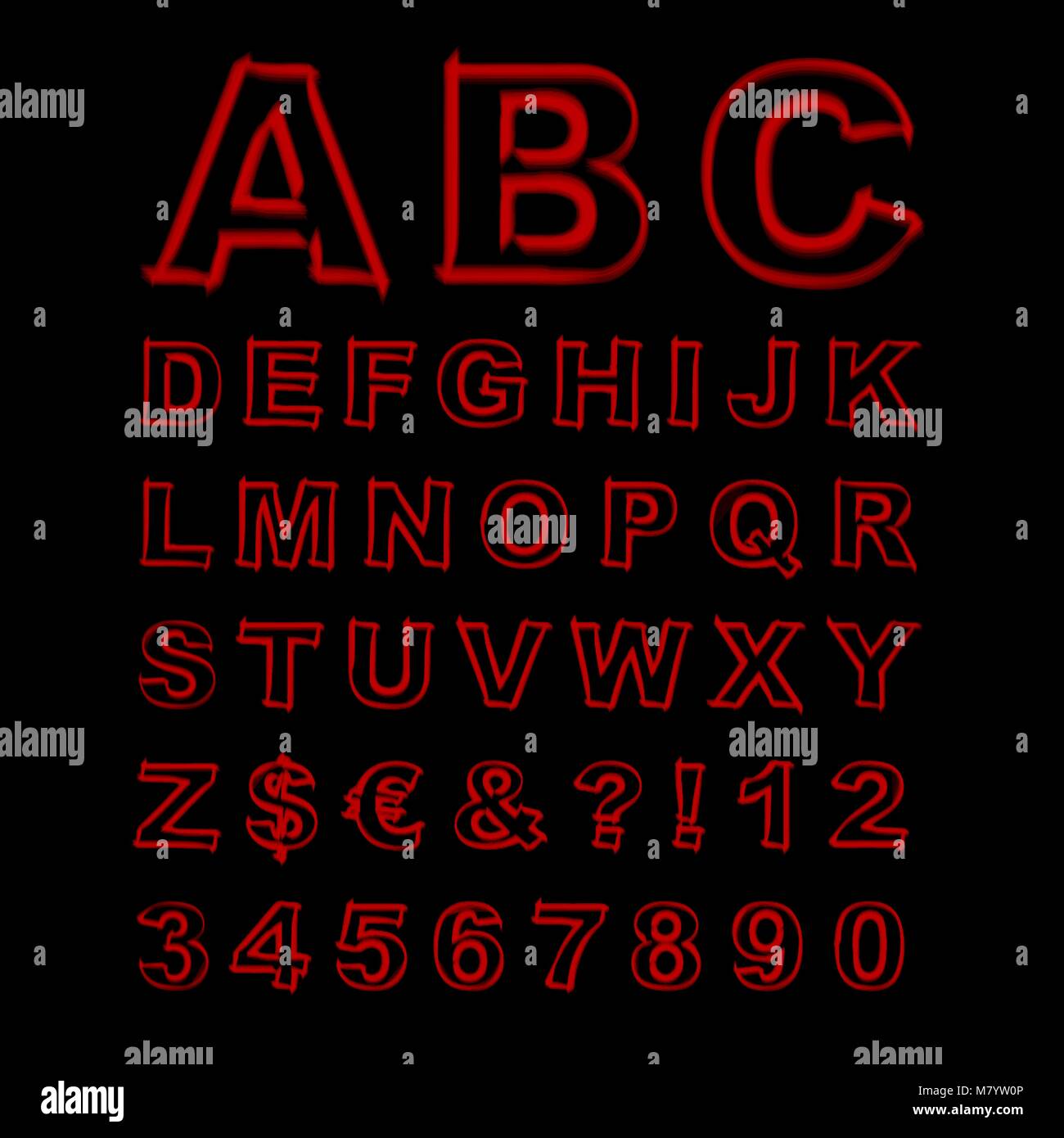 Blurred Neon Vector Font. Red Letters, Signs and Numerals on a Black ...