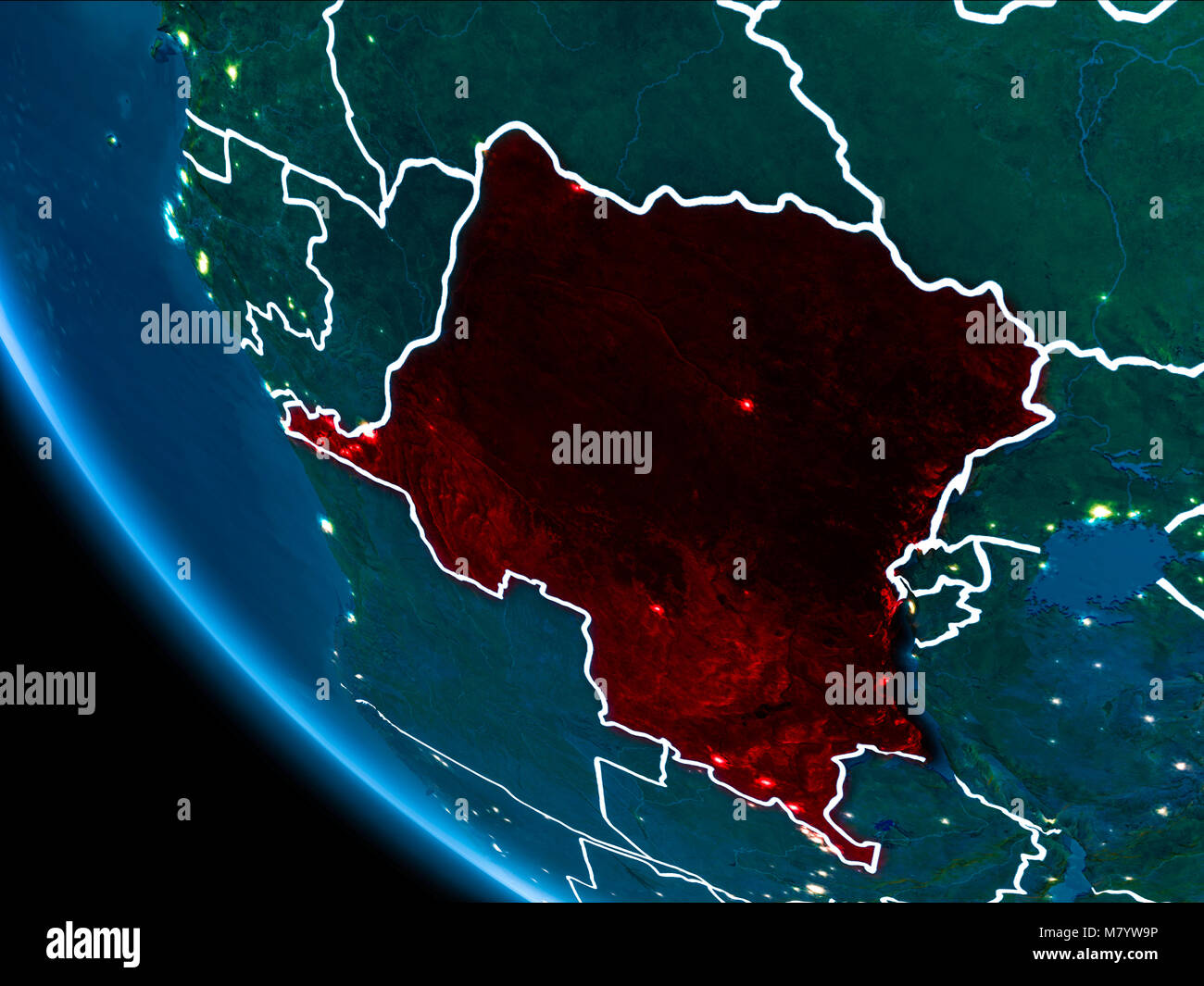 Map of Democratic Republic of Congo in red as seen from space on planet ...