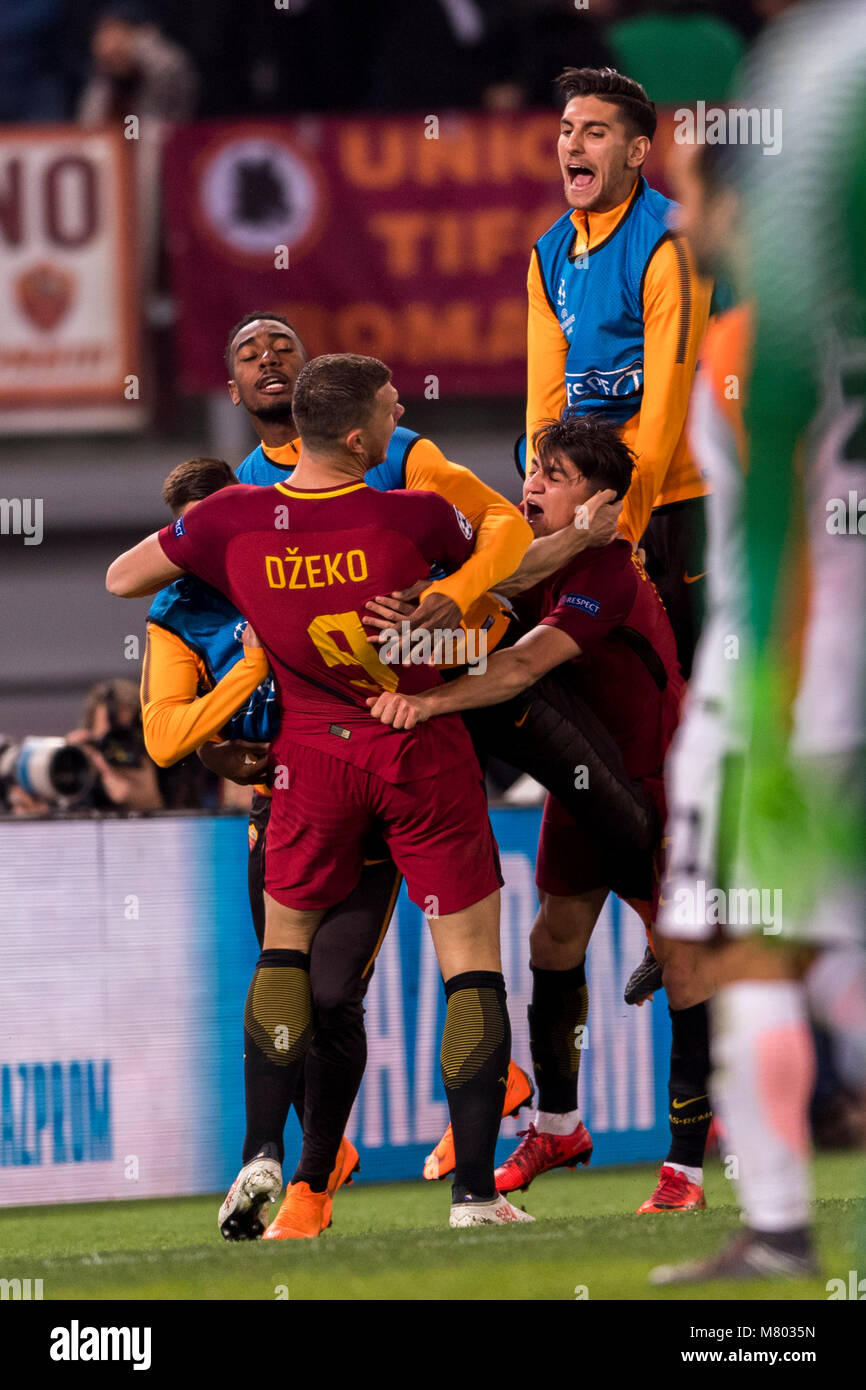 Edin Dzeko of Roma celebrates after scoring his team's first goal ...
