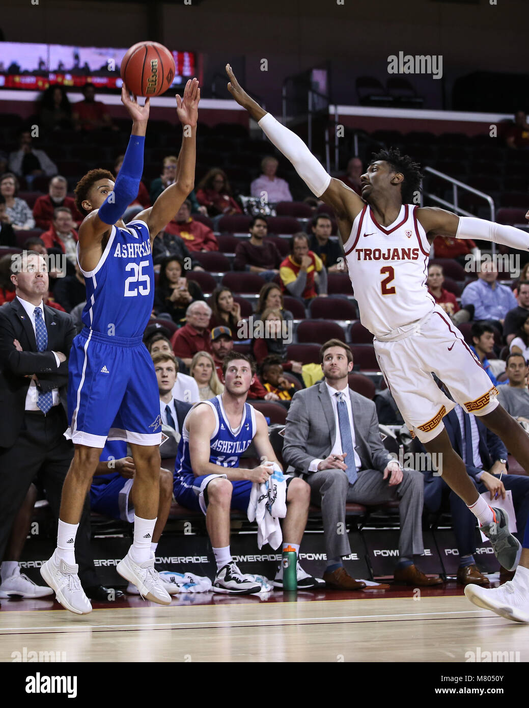 March 13, 2018 Los Angeles, CA..North Carolina-Asheville Bulldogs guard Macio Teague (25) getting off a three during the UNC Asheville vs USC Trojans at Galen Center on March 13, 2018. (Photo by Jevone Moore / Cal Sport Media) Stock Photo