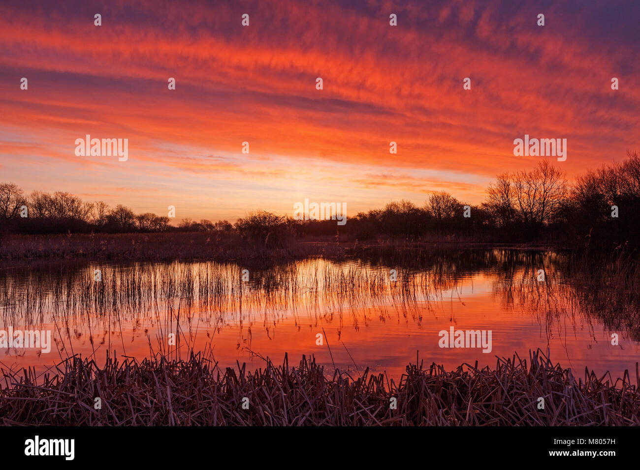 Barton-upon-Humber, North Lincolnshire. 14th Mar, 2018. UK Weather: A beautiful sunrise over a Lincolnshire Wildlife Trust Nature Reserve at Barton-upon-Humber, North Lincolnshire, UK. 14th March 2018. Credit: LEE BEEL/Alamy Live News Stock Photo
