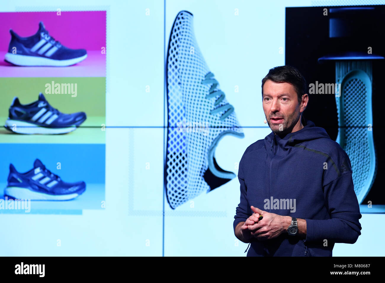 14 March 2018, Germany, Herzogenaurach: Kasper Rorsted, CEO of adidas AG,  speaking at the annual results press conference of adidas AG. Photo: Daniel  Karmann/dpa Stock Photo - Alamy