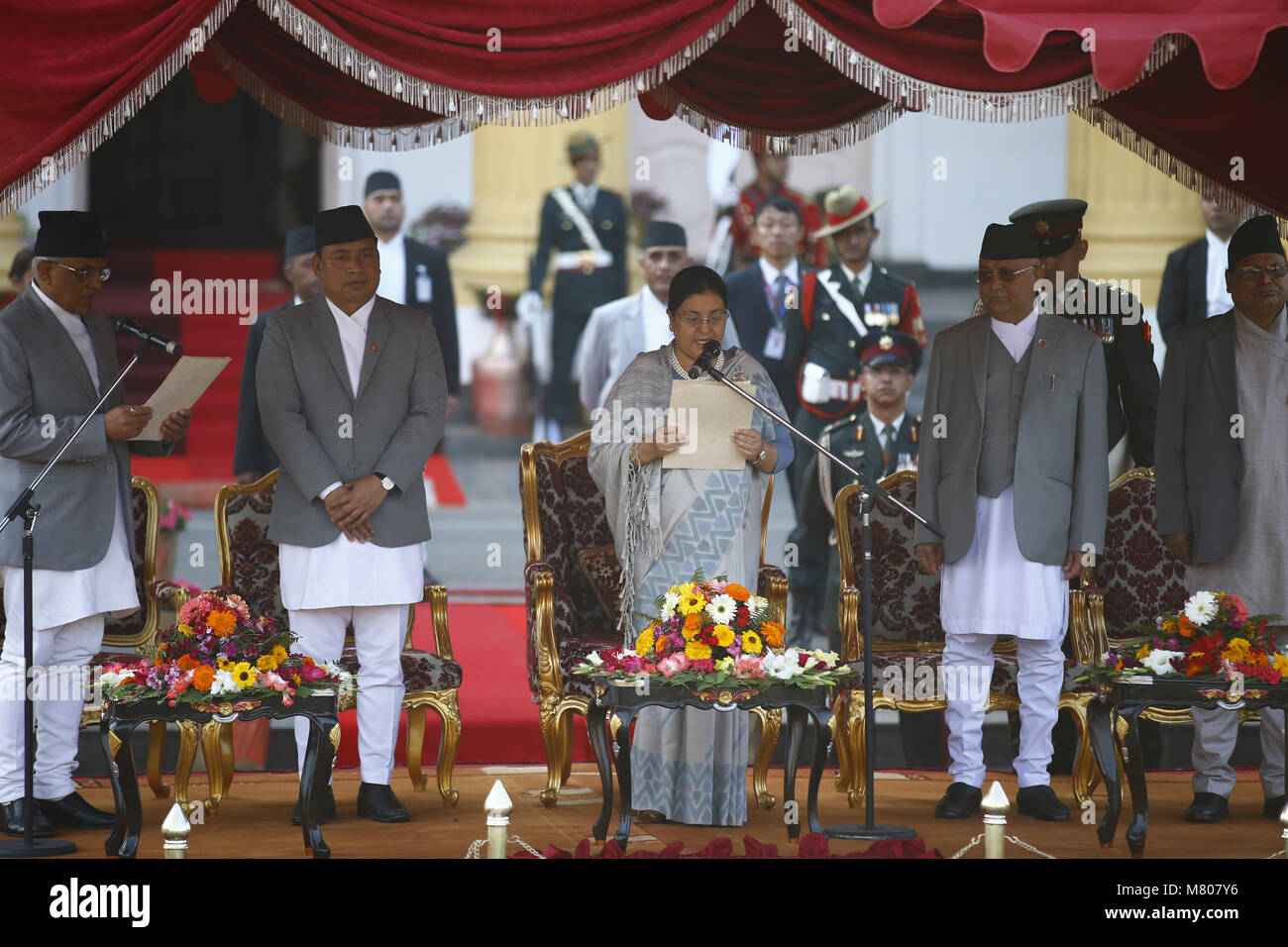 Kathmandu, Nepal. 14th Mar, 2018. President Bidhya Devi Bhandari takes her oath after being re-elected to a second term at the Presidential Office in Kathmandu, Nepal on Wednesday, March 14, 2018. Credit: Skanda Gautam/ZUMA Wire/Alamy Live News Stock Photo