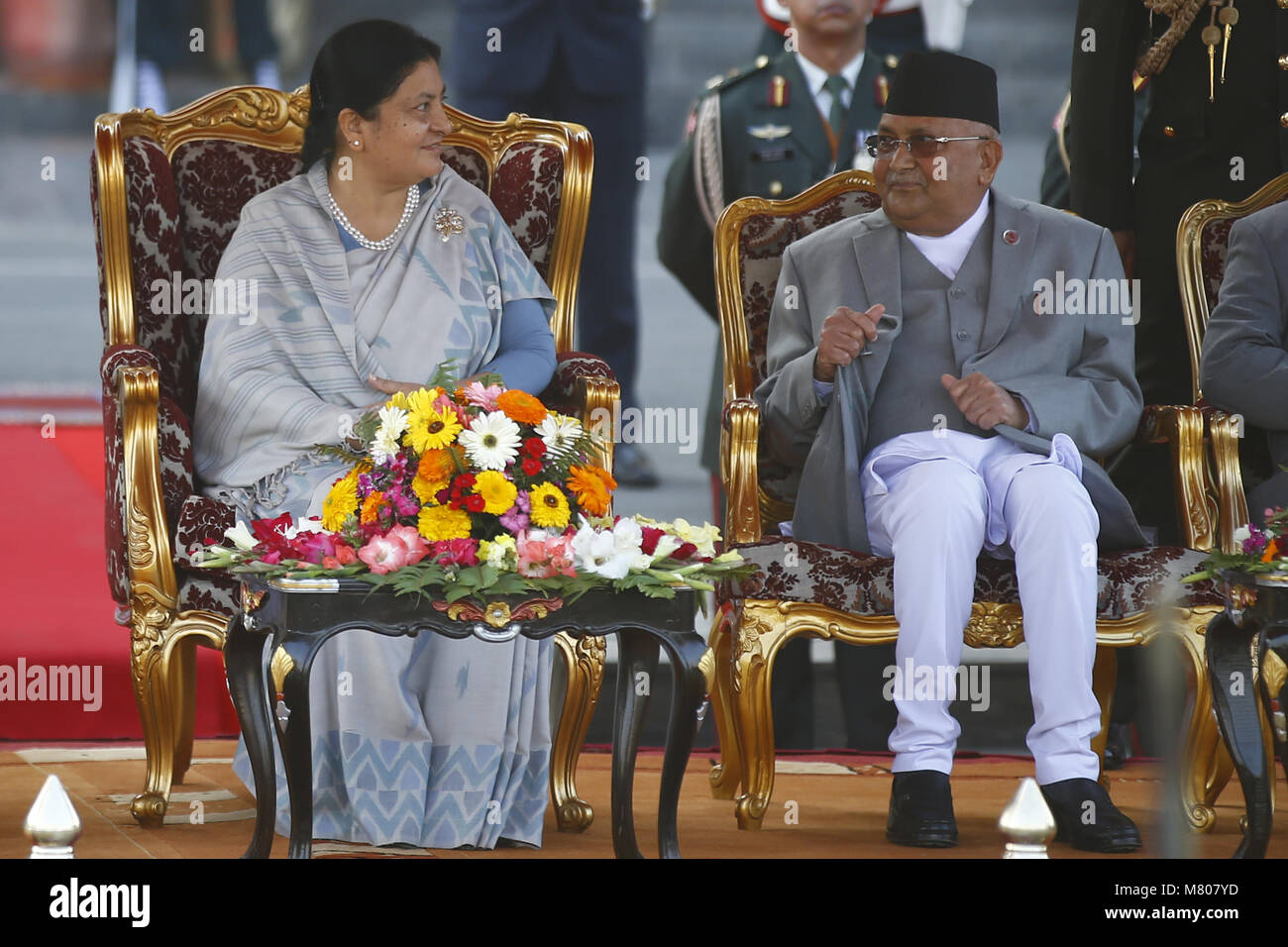 Kathmandu, Nepal. 14th Mar, 2018. President Bidhya Devi Bhandari and Prime Minister KP Sharma Oli look on after taking her oath as being re-elected to a second term at the Presidential Office in Kathmandu, Nepal on Wednesday, March 14, 2018. Credit: Skanda Gautam/ZUMA Wire/Alamy Live News Stock Photo